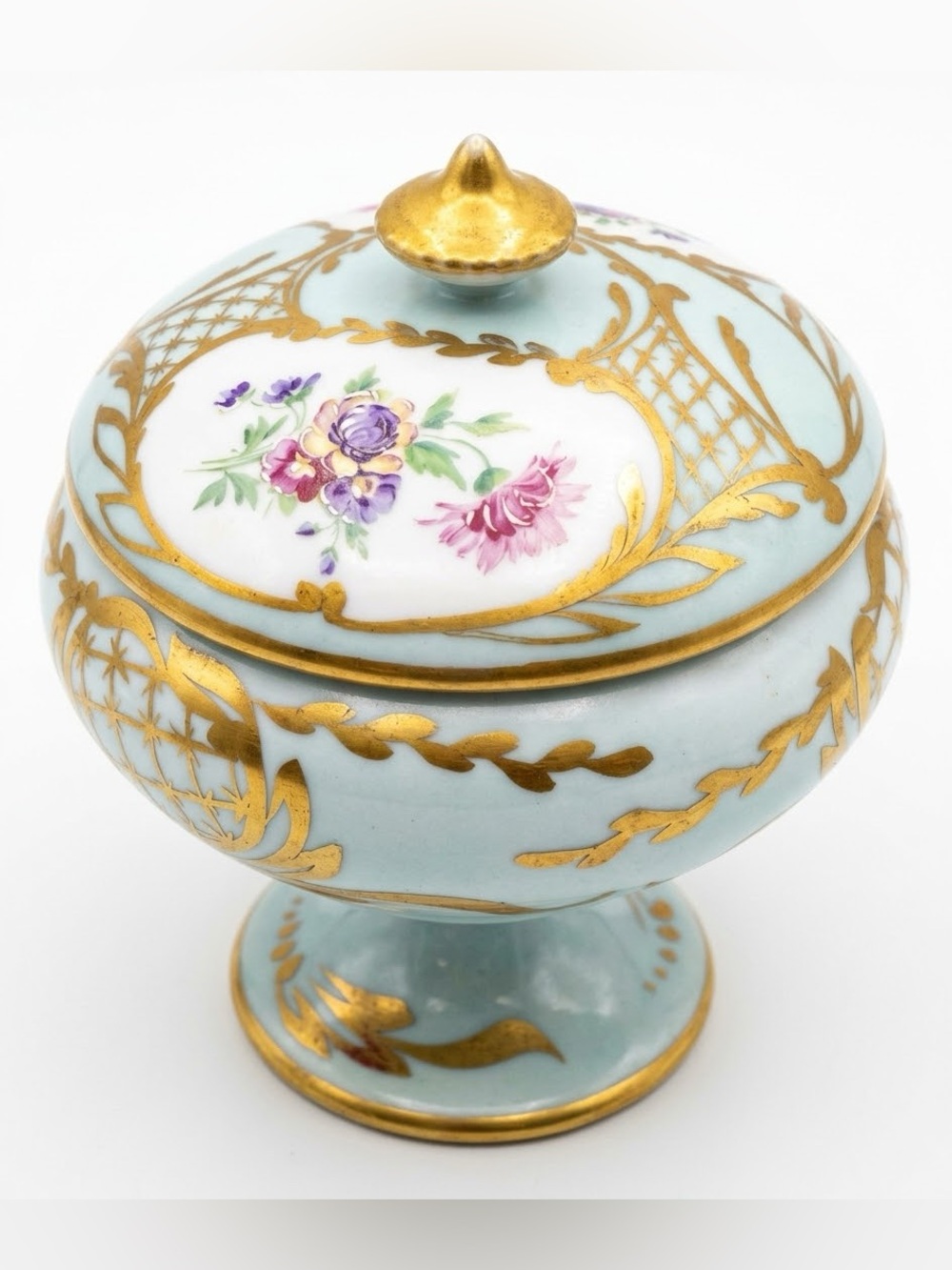Vintage Limoges France Hand Painted Footed Covered Candy Trinket Dish Gold